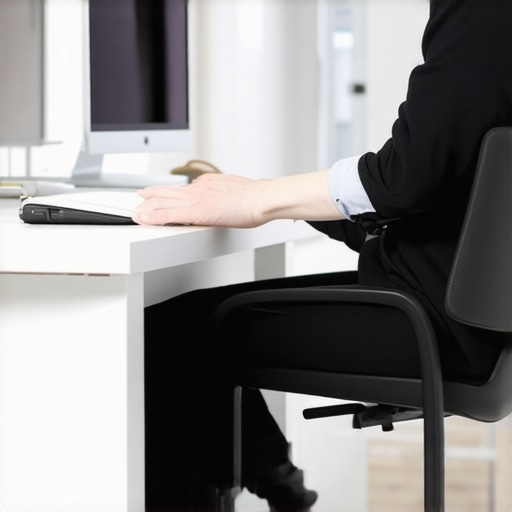 Adjusting ergonomic office chair Person fine-tuning their ergonomic office chair in a well-organized workspace