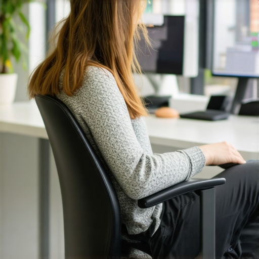 Person adjusting lumbar support on ergonomic office chair in workspace.