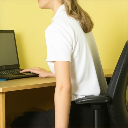 Person adjusting lumbar support in an ergonomic office chair at a workspace.
