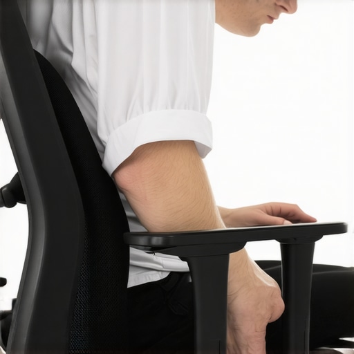 Adjusting lumbar support on ergonomic mesh chair Person fine-tuning lumbar support on a mesh office chair in an office setting.