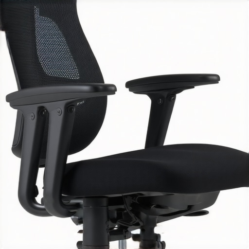 Close-up of an ergonomic office chair showing lumbar support and adjustable height in a modern office