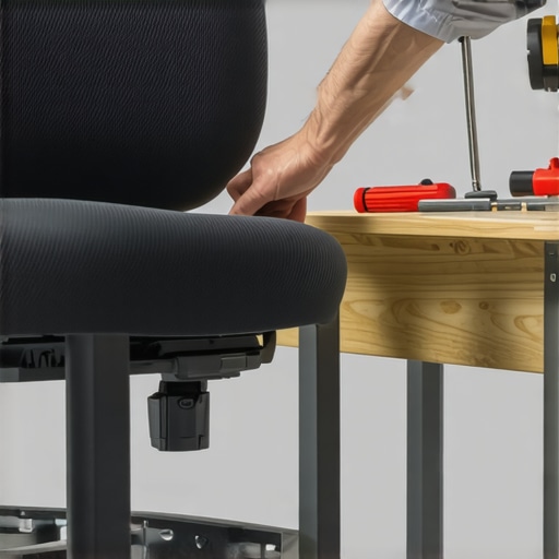 Person using a screwdriver to tighten a screw on an ergonomic office chair, emphasizing maintenance and longevity.