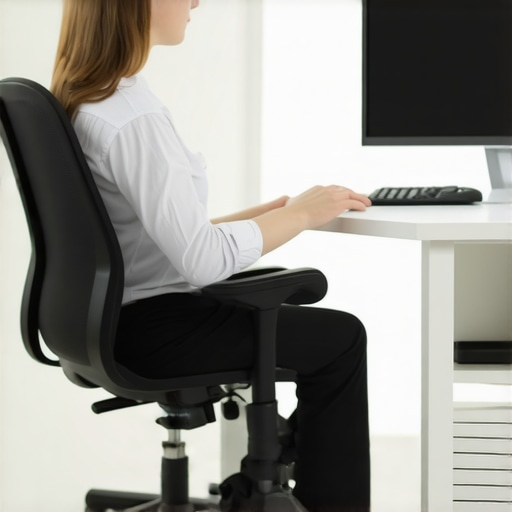 Person adjusting ergonomic office chair controls in an office setting.