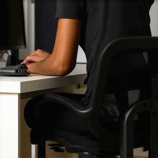 Person sitting and adjusting lumbar support on ergonomic mesh office chair for better posture