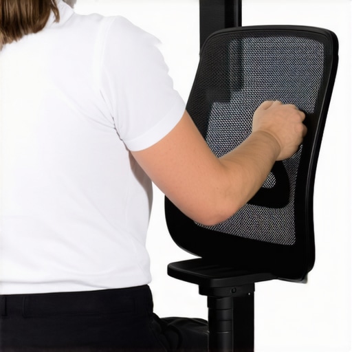 Adjusting Lumbar Support on Mesh Office Chair Person fine-tuning lumbar support on a mesh office chair for optimal comfort.
