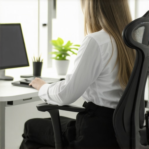 Person customizing lumbar support on office chair at desk