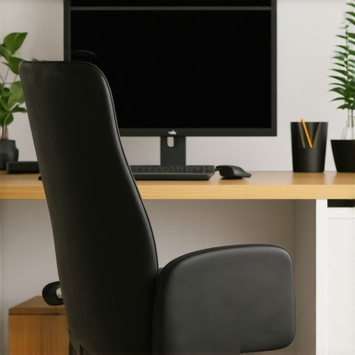 An ergonomic workspace featuring an adjustable office chair with lumbar support, a monitor at eye level, and proper desk height.