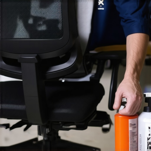 Person cleaning and lubricating an ergonomic mesh office chair