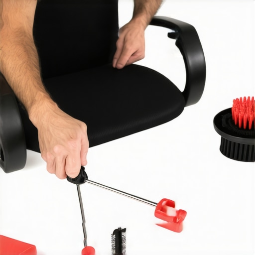Person cleaning and adjusting ergonomic lumbar support with tools
