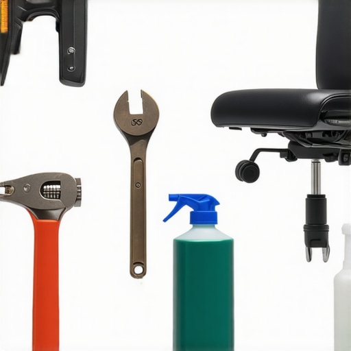 Tools such as wrench, compressed air, and lubricant spray arranged on a desk, with ergonomic office chair in background