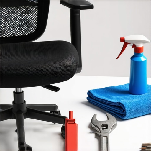 A set of specialized tools including a wrench, microfiber cloth, and compressed air can ready for office chair maintenance.