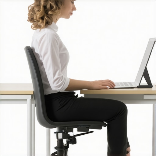 Person performing gentle torso twists and posture adjustments at desk