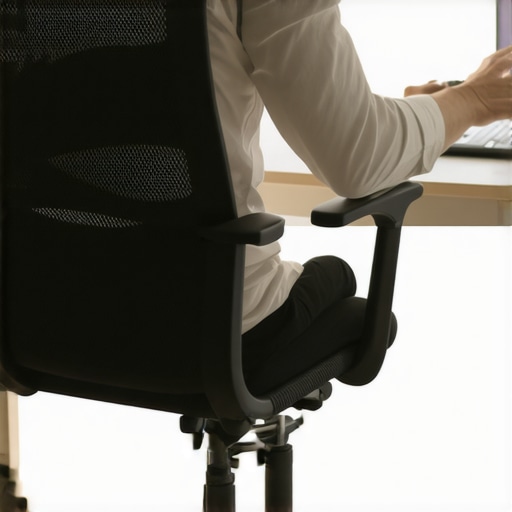 Person fine-tuning lumbar support on ergonomic mesh chair in office environment