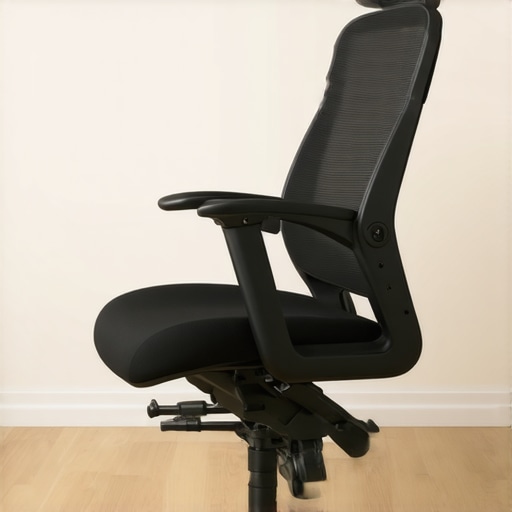 Close-up of an ergonomic office chair with highlighted adjustable features like lumbar support, armrests, and height controls.