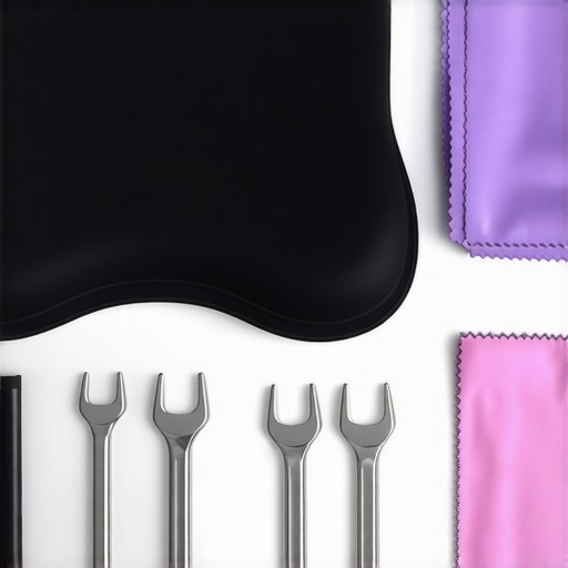 Various tools and accessories for maintaining an ergonomic office chair, including tension gauge and lumbar support cushion.