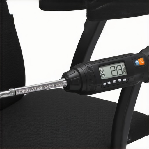 Using a Torque Wrench for Office Chair Maintenance Close-up image of a hand using a digital torque wrench to tighten an office chair's screws, highlighting maintenance tools for ergonomic support.